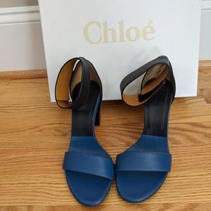 Chloe Gala Two Tone Heeled Shoes Black Blue Block Heel Sandals Size 6 Authentic